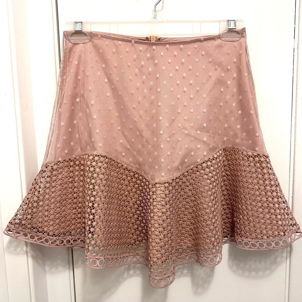 KARINA GRIMALDI Revolve Samantha Ruffle Mini Skirt XS Blush Pink Mesh & Crochet